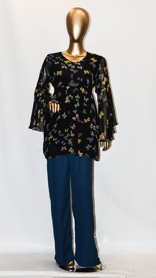 Co-Ord Set Bell Sleeves Floral Butterfly Print