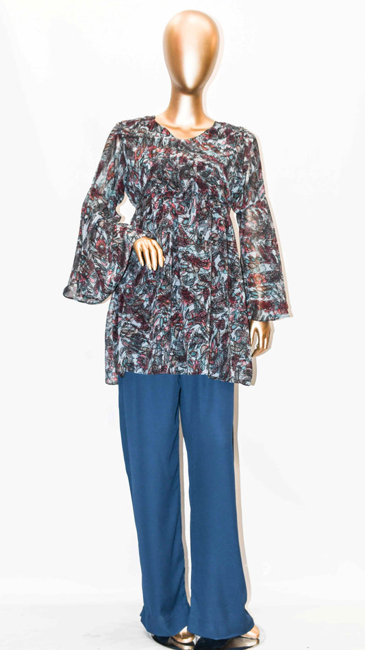 Co-Ord Set Bell Sleeves Floral Blue Ice