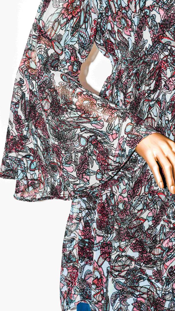 Co-Ord Set Bell Sleeves Floral Blue Ice