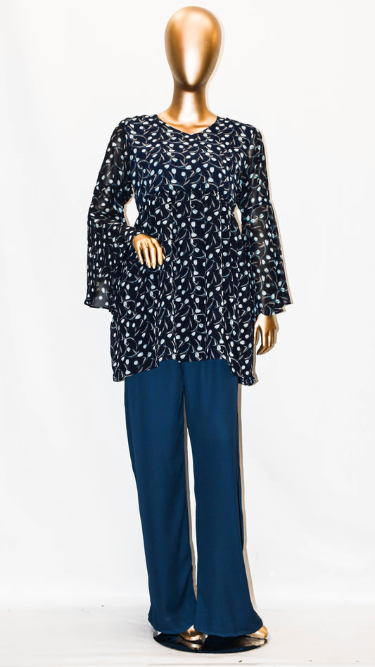 Co-Ord Set Bell Sleeves Floral Navy
