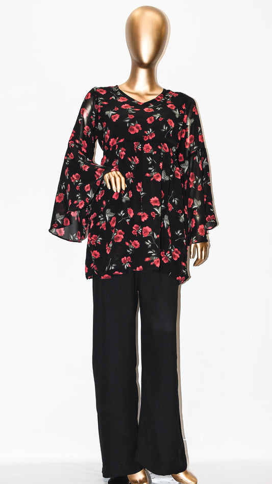 Co-Ord Set Bell Sleeves Floral Red