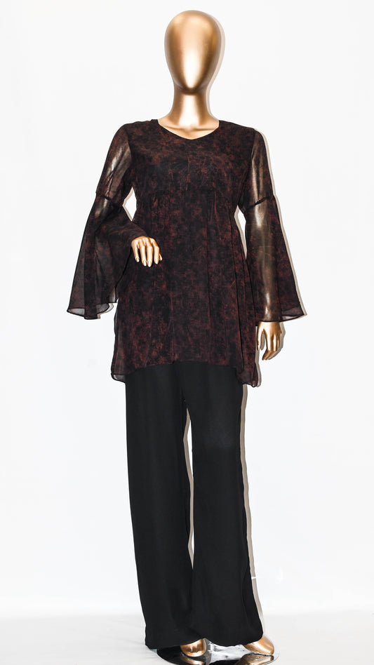 Co-Ord Set Bell Sleeves Floral Dark Brown