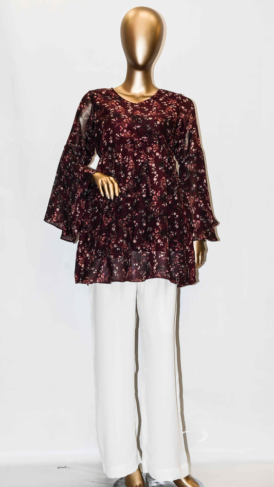 Co-Ord Set Bell Sleeves Floral Maroon