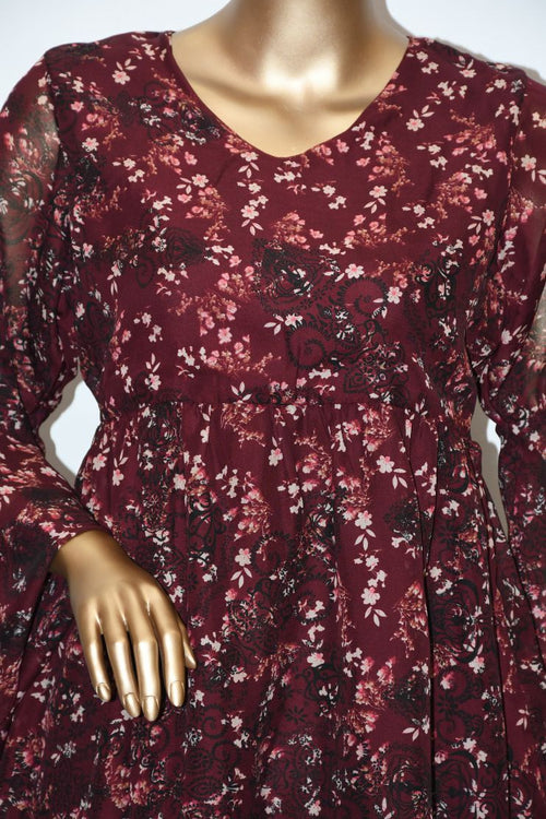 Co-Ord Set Bell Sleeves Floral Maroon