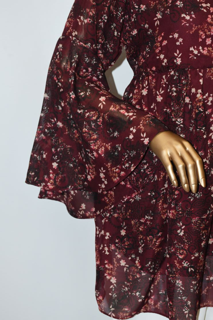 Co-Ord Set Bell Sleeves Floral Maroon