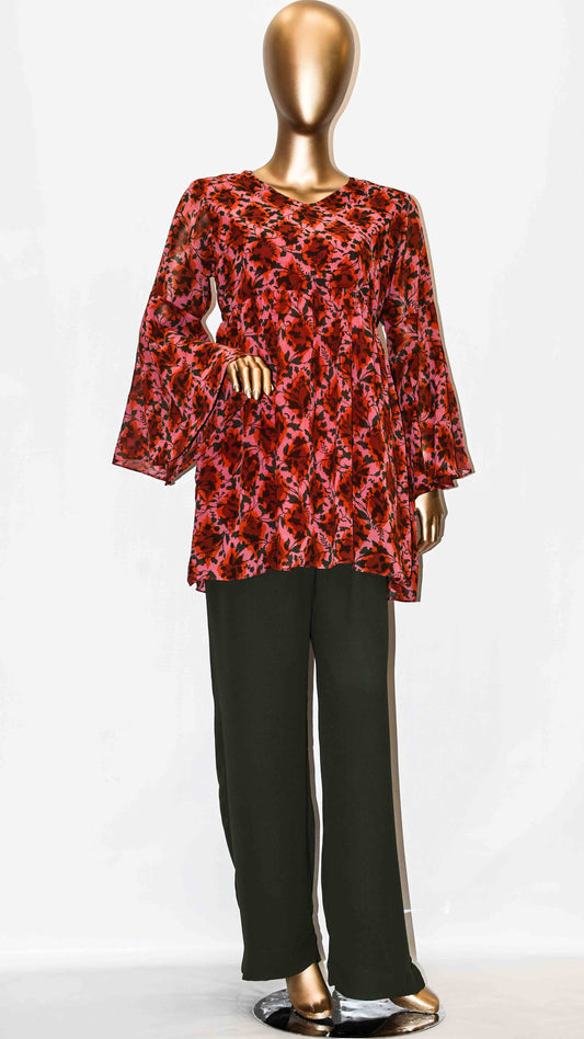 Co-Ord Set Bell Sleeves Floral Red
