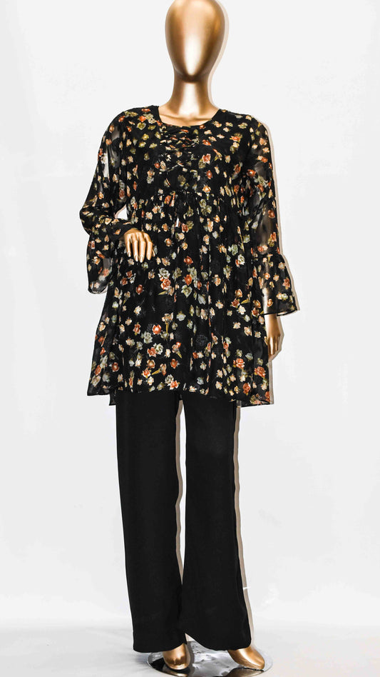 Co-Ord Set Lace-Up Top Black Floral