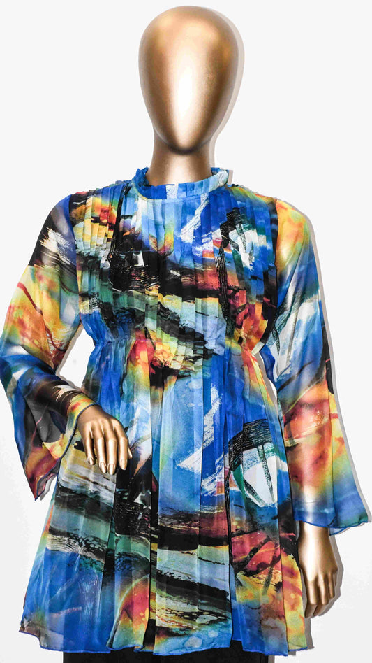 Chiffon Pleated Top-Abstract Blue