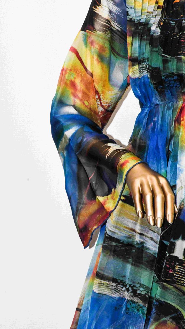 Chiffon Pleated Top-Abstract Blue