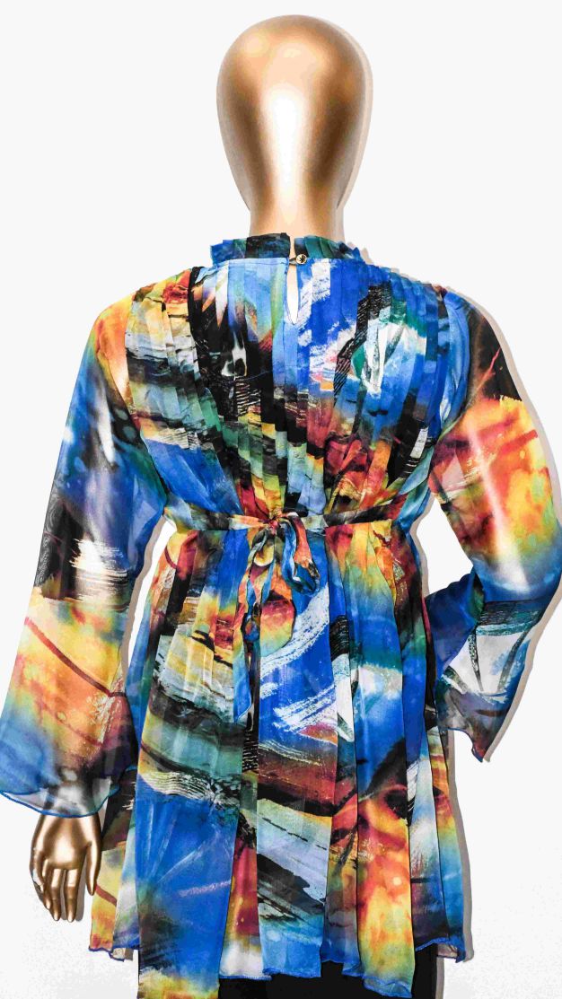 Chiffon Pleated Top-Abstract Blue