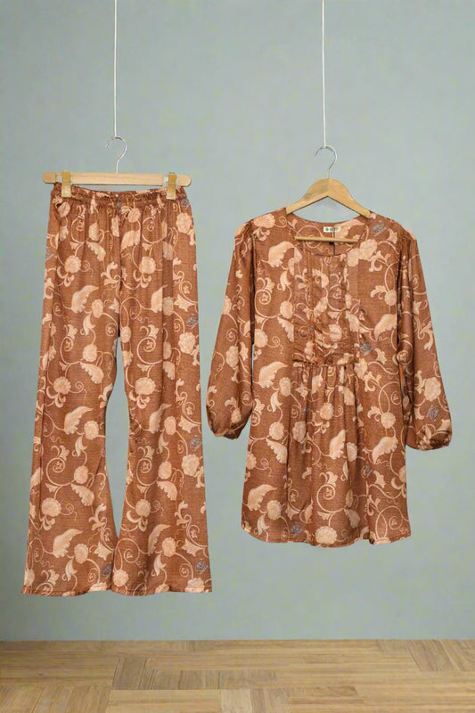 Printed Silk Two Piece-Rusty Brown