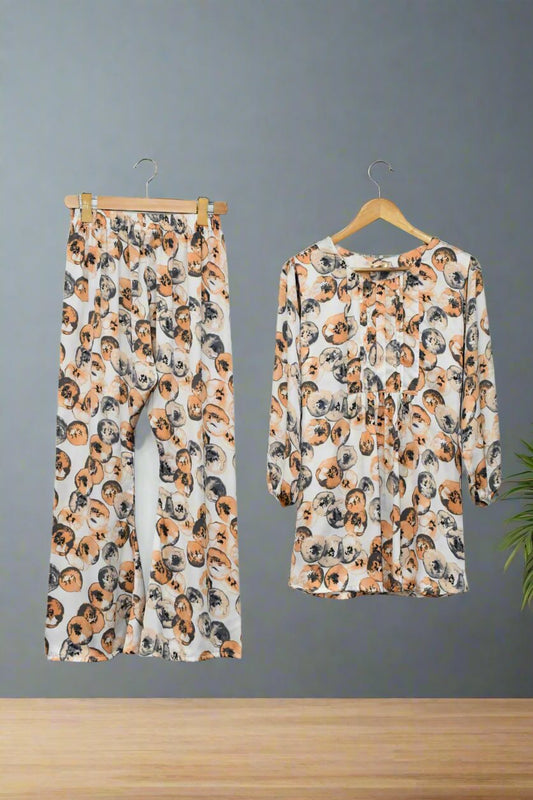 Printed Silk Two Piece-Almond Cream