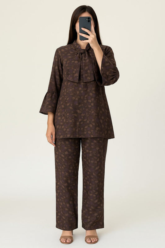 Tie Knot Lawn Co-Ord Set Brown Abstract