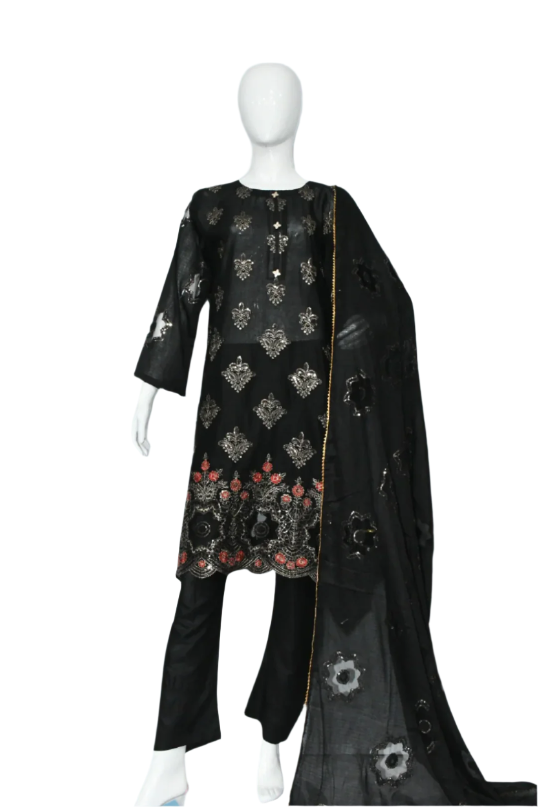 Jet Black Embroidered Shirt,Trouser & Dopatta