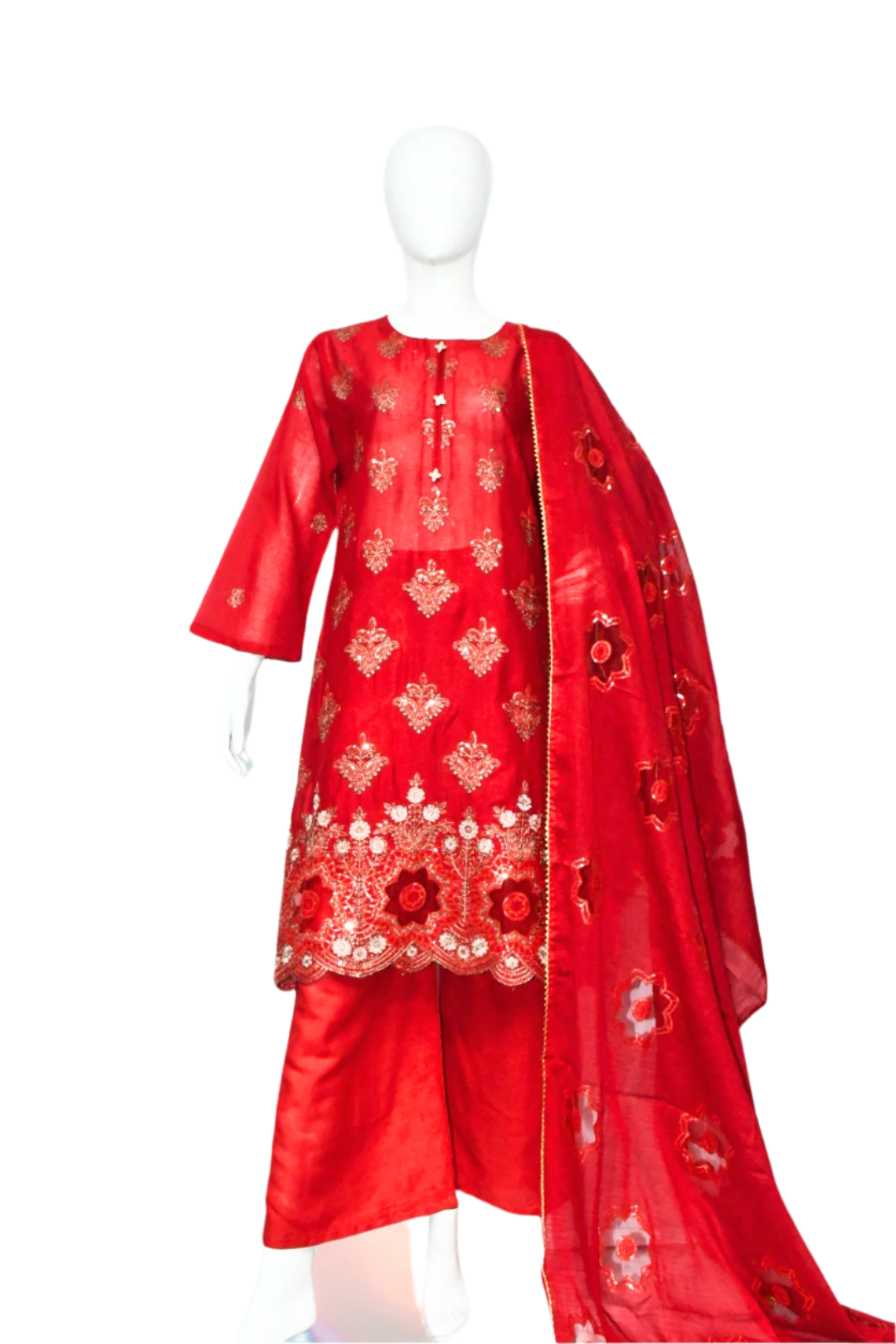 Chili Red Embroidered Shirt,Trouser & Dopatta