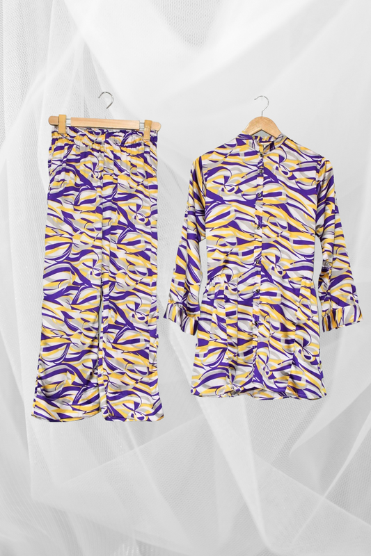 Printed Silk Two Piece-Lavender Yellow