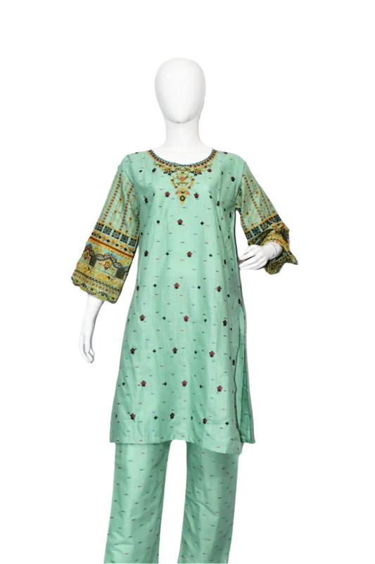 Bindi Cotton Embroidered Bottle Green Two piece