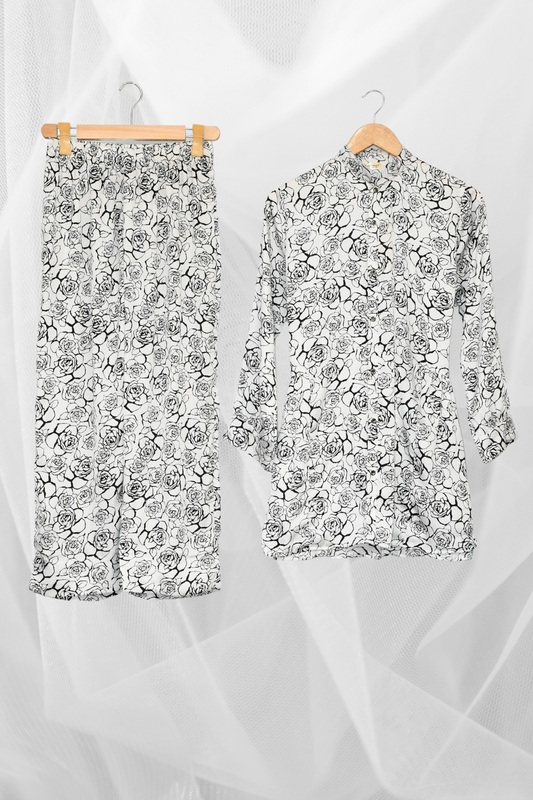 Printed Silk Two Piece- Floral Greyscale