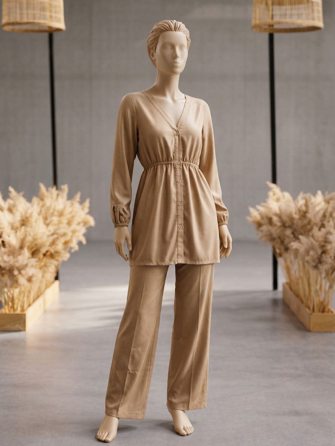 Co-Ord Set V Button Neck-Beige