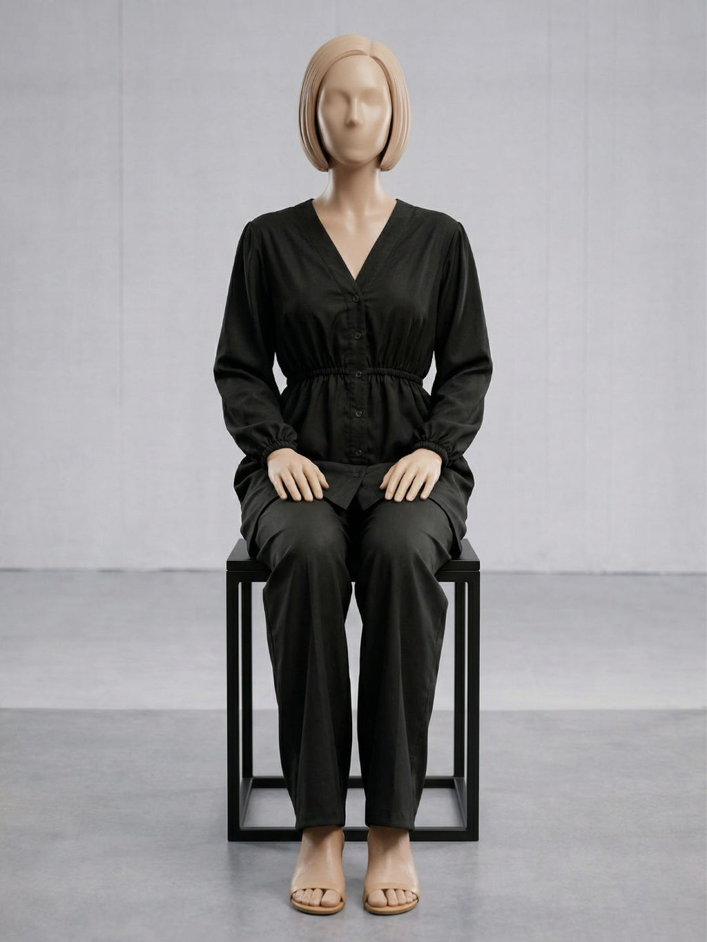 Co-Ord Set V Button Neck-Black