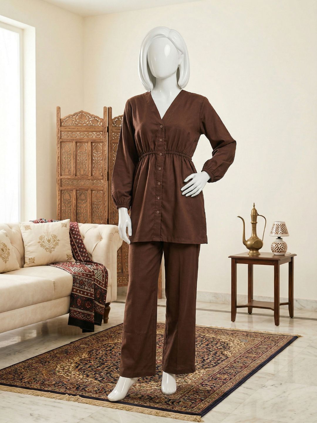 Co-Ord Set V Button Neck-Brown