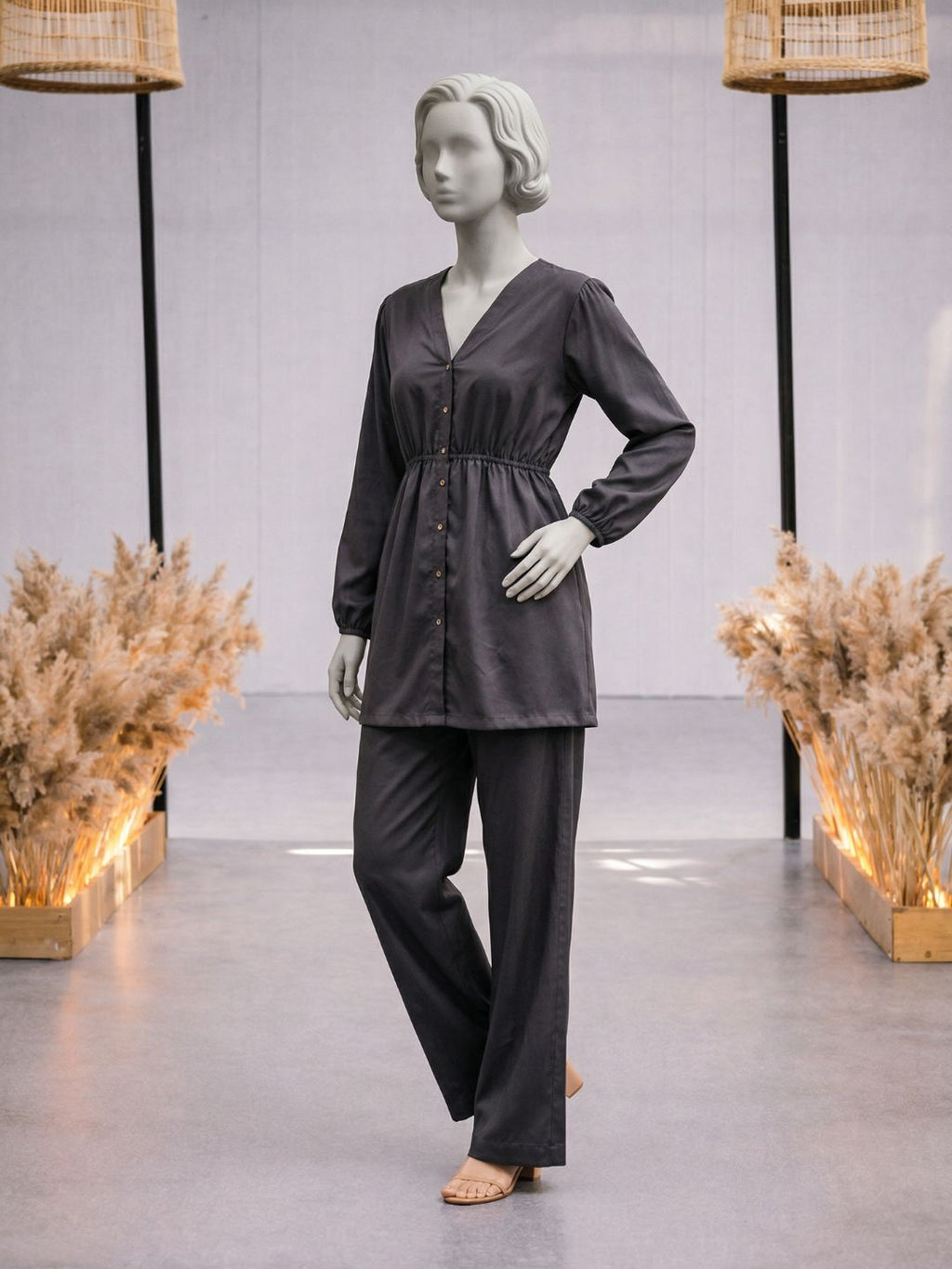 Co-Ord Set V Button Neck-Charcoal Grey