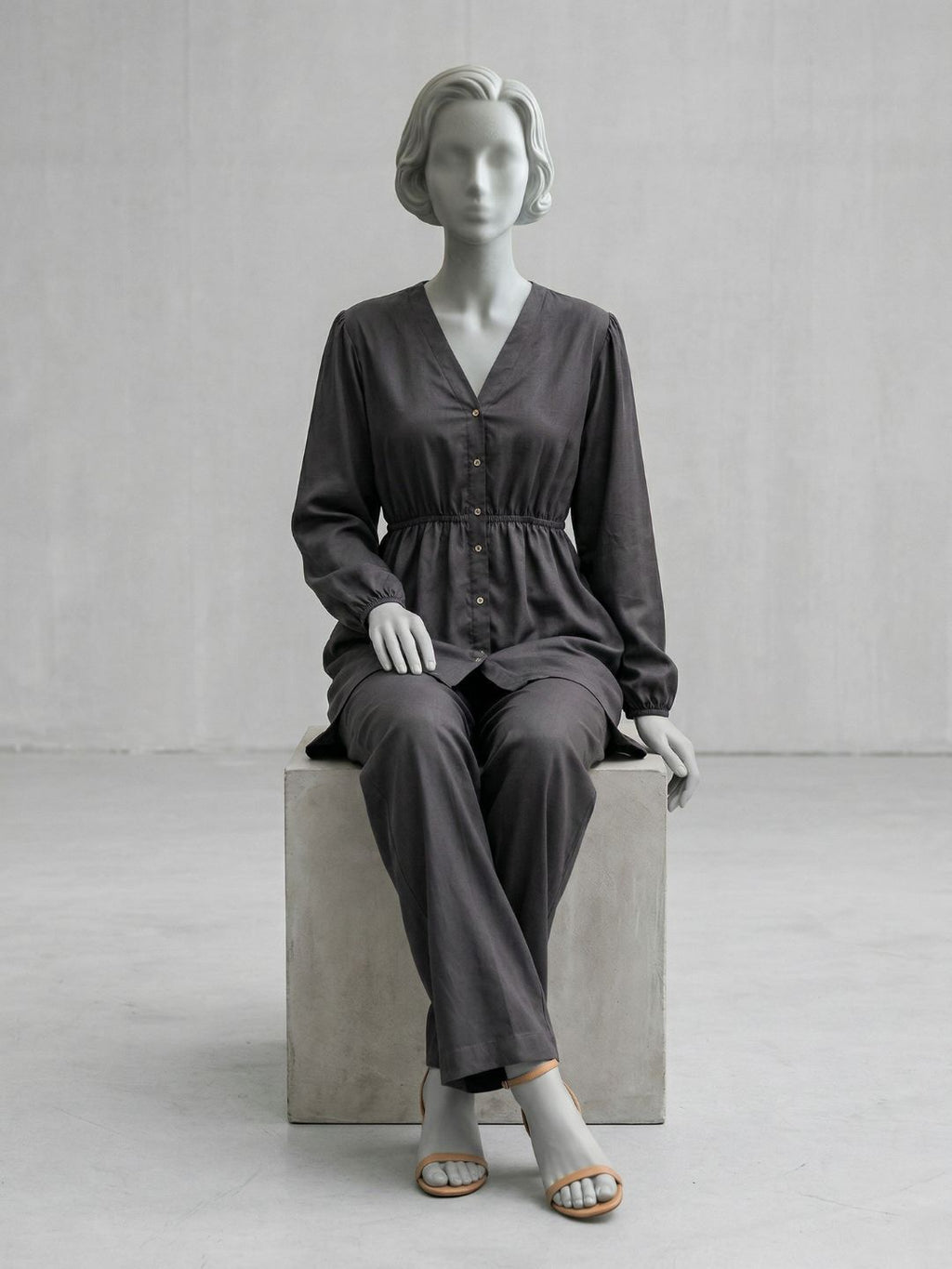 Co-Ord Set V Button Neck-Charcoal Grey