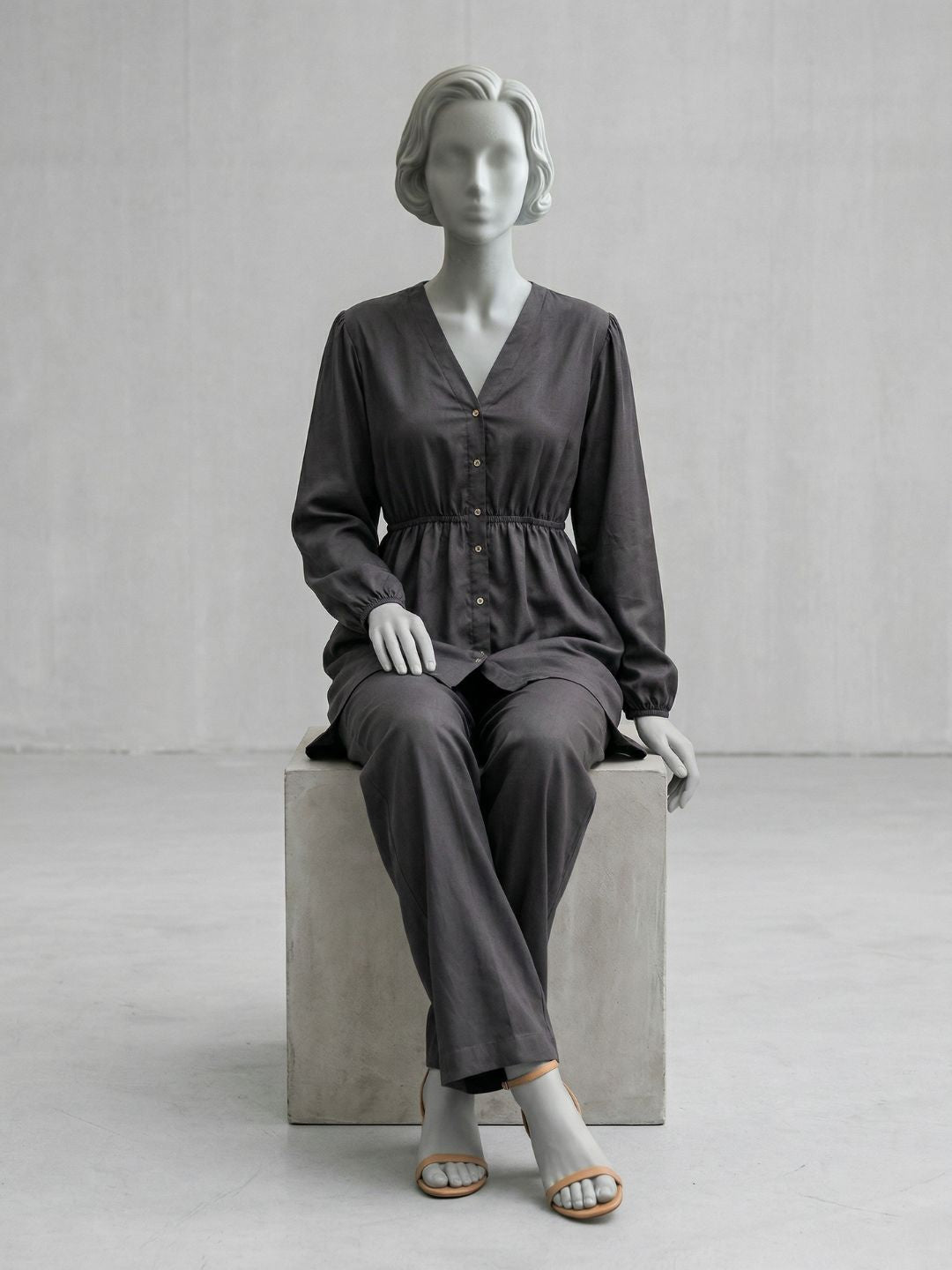 Co-Ord Set V Button Neck-Charcoal Grey